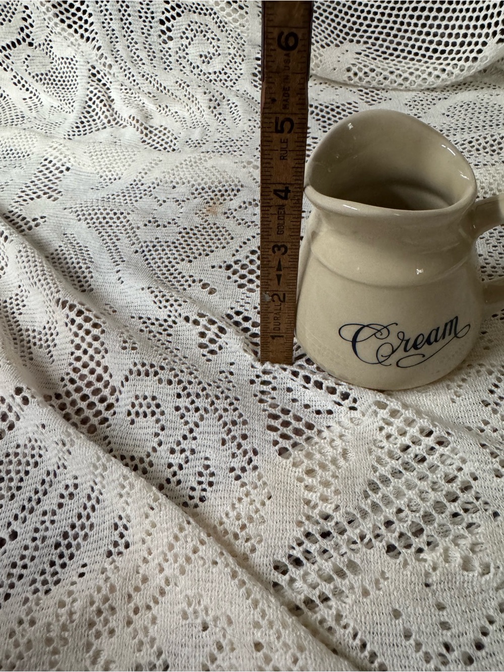 Vintage Cream Ceramic Pitcher in Cream and Blue - Picture 4 of 7